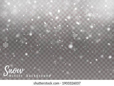 Falling Christmas snow. Realistic falling snowflakes isolated on transparent background. Heavy snowfall in different shapes and forms. 