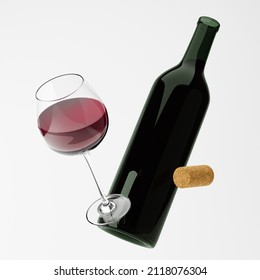 Falling clear opened bottle and glass of red wine isolated over white background. Mockup template. 3d rendering.