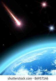 Falling Comet And Planet Earth