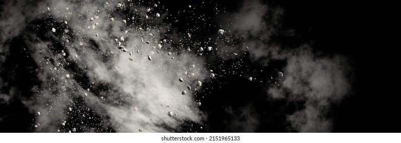 falling debris with dust on black background banner, 3d rendering