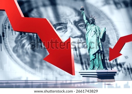 Falling dollar. Down arrow near statue of liberty. Inflation of US dollar at end. Financial crisis metaphor. Economic chart down crisis of US dollar. Recession in united states of America