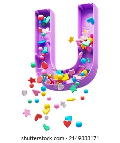 Falling down candy from a plastic box font. Letter U. 3d rendering