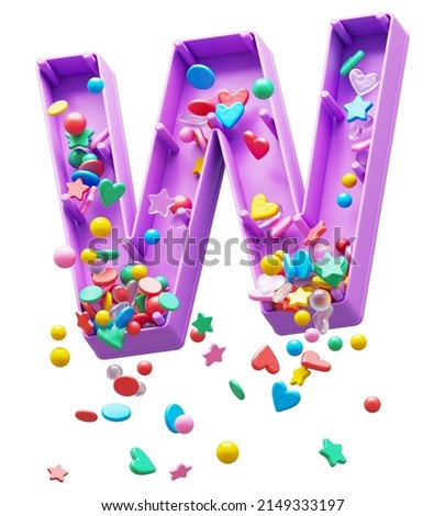Falling down candy from a plastic box font. Letter W. 3d rendering