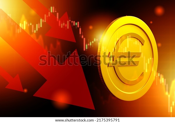 Falling euro chart. Eurozone inflation chart.\
Concept reducing investment in European countries. Gold coin with\
euro symbol. Crisis in European Union. Investment down arrows. Art\
Blurred. 3d\
image.