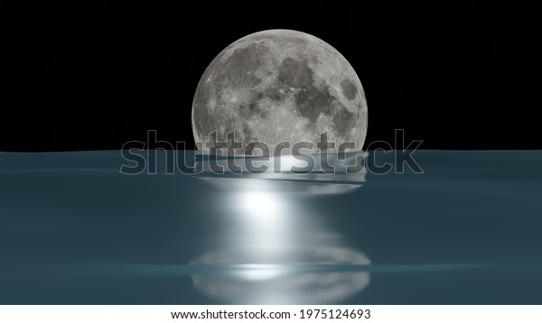 Falling full moon and its distorted reflection
on blue sea surface (3D
Rendering)