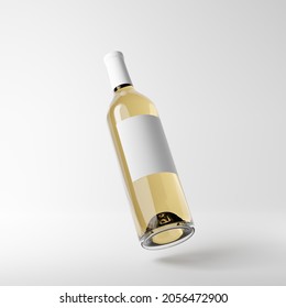 Falling glass bottle of white wine with blank label isolated over white background. Mockup template. 3d rendering.
