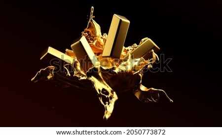 falling gold bars and gold splash . 3D rendering