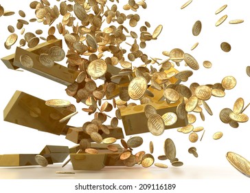 Falling Gold Coins Isolated on white background 