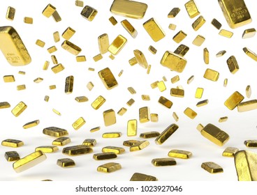 Falling golden bars, 3D illustration