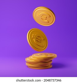 Falling golden coins with euro sign isolated over purple background. Income concept. 3D rendering.