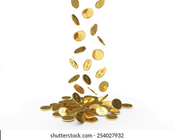 Falling Golden Coins Isolated On White Background