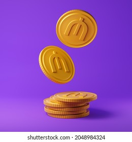 Falling golden coins with manat sign isolated over purple background. Income concept. 3D rendering.