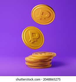 Falling golden coins with ruble sign isolated over purple background. Income concept. 3D rendering.