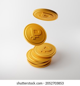 Falling golden coins with ruble sign isolated over white background. Income concept. 3D rendering.