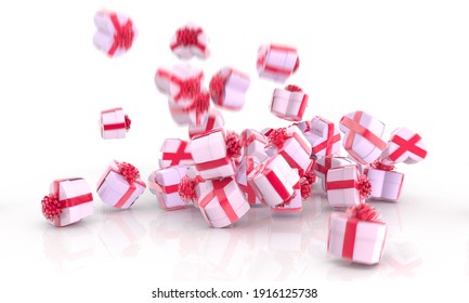 Falling hearts gift boxes isolated on white background, 3d rendering
