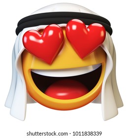 Falling In Love Arab Emoji Isolated On White Background, Heart Shaped Eyes Arabian Emoticon 3d Rendering