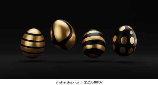 Falling luxury golden 3d easter egg with pattern on black background. 3d rendering Happy Easter Luxury background with golden and black eggs