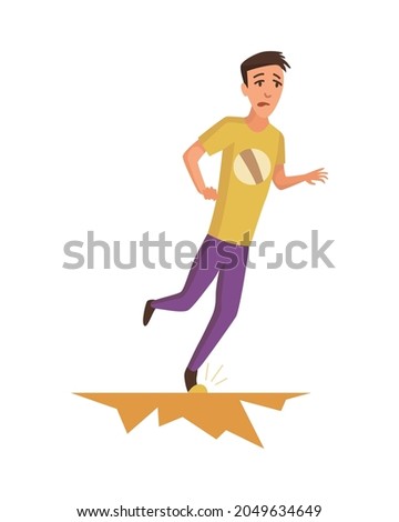 Falling man. Falling down people because of slipping, accident. Young men dangerous accident. Slippery, danger, risk. Bad luck, misfortune, fiasco. Business failure, company crash concept