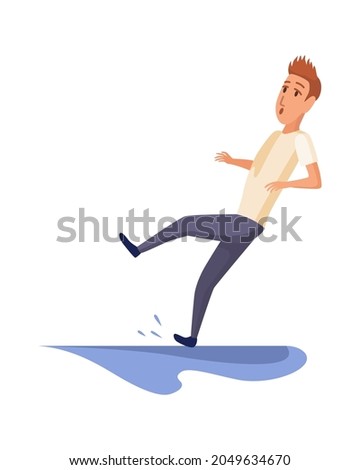Falling man. Falling down people because of slipping, accident. Young men dangerous accident. Slippery, danger, risk. Bad luck, misfortune, fiasco. Business failure, company crash concept