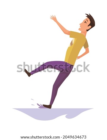 Falling man. Falling down people because of slipping, accident. Young men dangerous accident. Slippery, danger, risk. Bad luck, misfortune, fiasco. Business failure, company crash concept