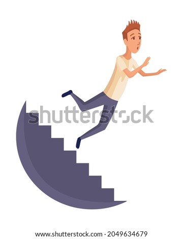 Falling man. Falling down people because fall of stairs, accident. Young men dangerous accident. Danger, risk. Bad luck, misfortune, fiasco. Business failure, company crash concept
