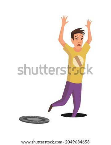 Falling man. Falling down people through the open hatch, accident. Young men dangerous accident. Danger, risk. Bad luck, misfortune, fiasco. Business failure, company crash concept