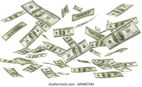 Falling Money On A White Background. Dollars Rain. 3d Illustration