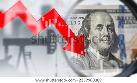 Falling oil prices. Graph of decrease in hydrocarbon production. Oil derrick. Falling fuel prices. Oil pump near dollar bills. Decreased investment in petroleum industry. 3d image.