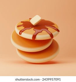 Falling pancakes with maple syrup and butter isolated over orange background. 3D rendering. - Powered by Shutterstock