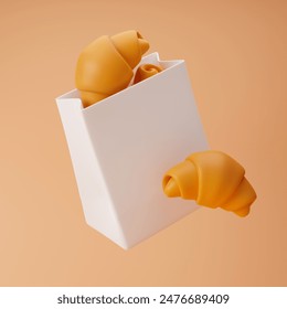 Falling paper bag with plain croissants isolated over orange background. 3D rendering. - Powered by Shutterstock