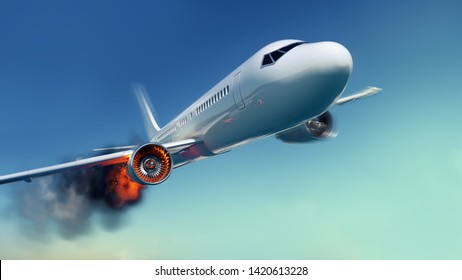 Falling passenger plane in the sunny blue sky. Engine explosion with lots of smoke. Dynamic motion blur. Colorfull 3d rendering.