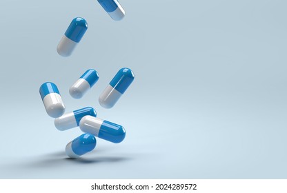 Falling pills on a blue background. Antibiotics. 3D render.