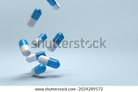 Falling pills on a blue background. Antibiotics. 3D render. Stock fotó © 