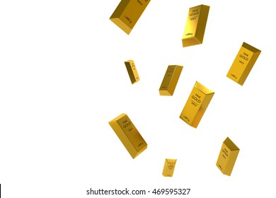 Falling price of gold represented by a golden yellow metal bar going down,gold drop,pricing concept,rich concept,white isolate background,3d rendering illustration