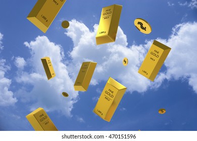 Falling price of gold represented by a golden yellow metal bar and dollar coins going down from sky,gold drop,pricing,rich,price of life,lottery winner concept,3d rendering illustration