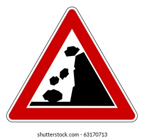 Falling Rocks Of Landslide Road Sign, Isolated On White Background.