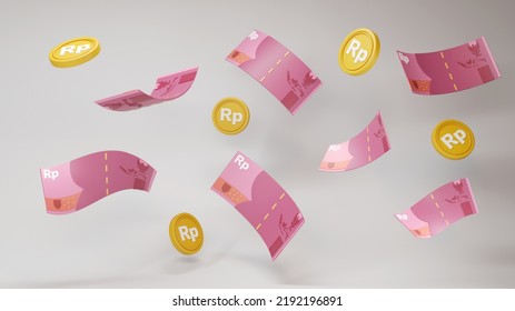 Falling Rupiah Or Indonesian Currency And Gold Coins. Using 3D Realistic Money. 