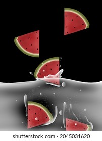 Falling slices of watermelon in the water.