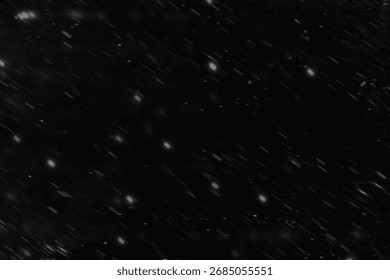Falling Snow down On The Black Background. Blurry flecks snow overlay. White spots on black background. Abstract speckles overlay. Snowfall on black background - design element. For photo edit