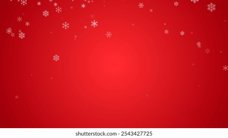 Falling snowflake on red background, abstract white snow particles fall in christmas winter, happy new year holiday card backdrop design