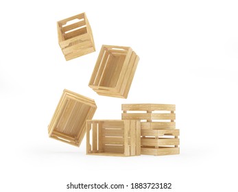 Falling and standing wooden crates isolated on white. 3d illustration - Shutterstock ID 1883723182