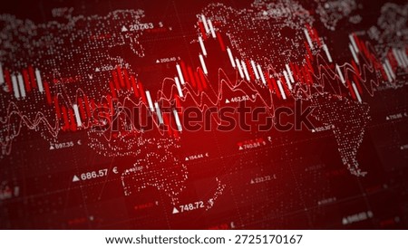 Falling stock graph on a red world map background representing a global financial crash. Ideal for crisis, economics, and trading visuals. finance investment background concept. 3d Rendering