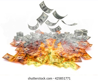 Falling Us dollar Bills on fire, isolated on white background. High resolution, sharp 3D rendering.