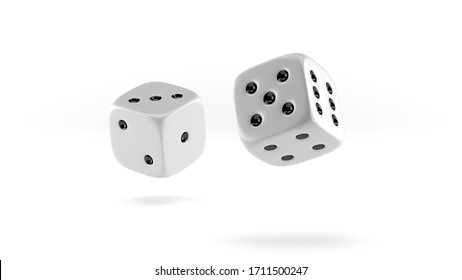 Falling White Casino Dice On White Background. 3D Render Illustration.