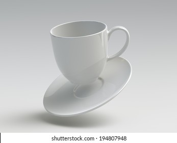 Falling White Porcelain Cup And Saucer, Isolated On White Background