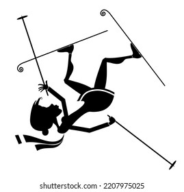 Falling Young Skier Woman.
Winter Sport. Young Woman Skiing. Black On White Background
