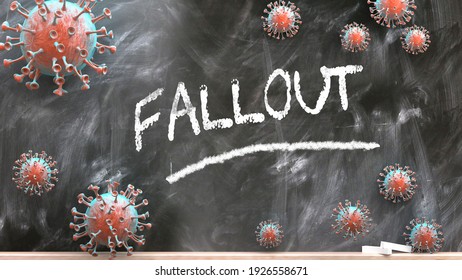 Fallout And Covid Virus - Pandemic Turmoil And Fallout Pictured As Corona Viruses Attacking A School Blackboard With A Written Word Fallout, 3d Illustration