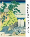 The Falls at Aoigaoka in the Eastern Capital (ca.1832) in high resolution by Katsushika Hokusai. Vintage Japanese artwork by Hokusai, famous artist. Famous old painting, art illustration.