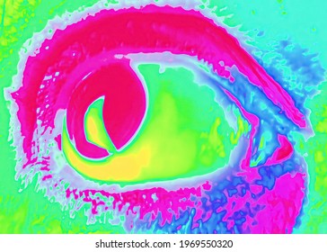 False Colors Enhancing The Details Of A Big Female Eye, Looking At One Side Of The Screen. Macro Front Shot.
