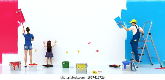 A famaly are painting the white wall in red and blue colores with paint rollers, 3d rendering